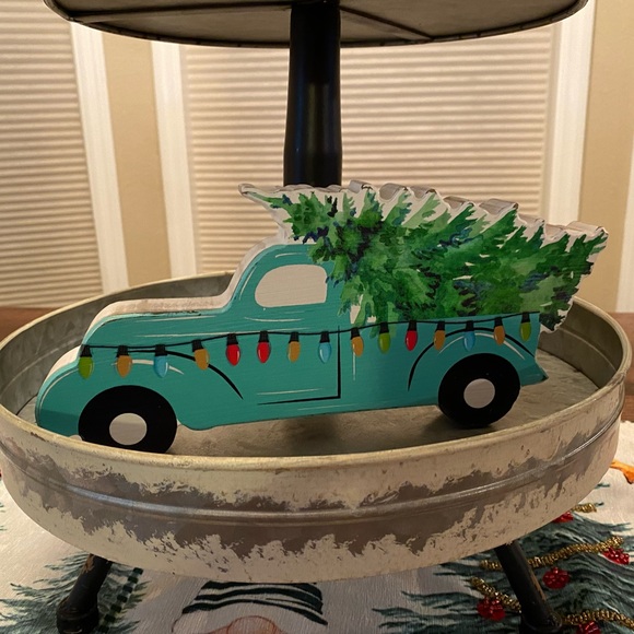 Blue Farmhouse Christmas PickUp Truck Carrying A Christmas Tree Wood Decor Sign - Picture 2 of 15
